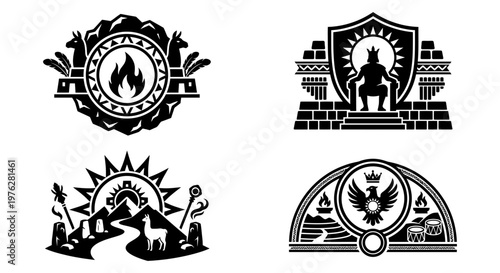 Ancient sun and temple symbol set with shield and winged icon