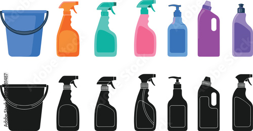 Set of cleaning products bottles and buckets icons with flat colorful and black silhouette versions.
