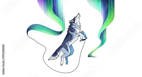 A vibrant wolf illustration howling under a colorful aurora borealis in a minimalist design