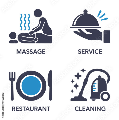 A vector illustration showcasing icons for massage, service, restaurant, and cleaning services