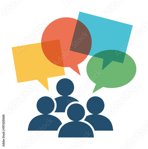 A colorful vector illustration of people with overlapping speech bubbles representing communication
