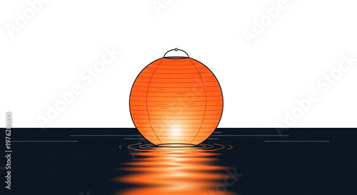 A vibrant orange paper lantern glowing softly on a dark reflective surface