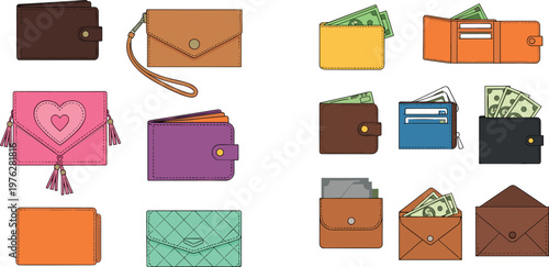 Colorful Wallet and Purse Set with Money, Credit Cards, and Stylish Accessories for Fashion Illustrations