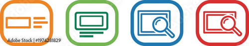 Set of four colored icons with screen and magnifying glass representing search and viewing options.