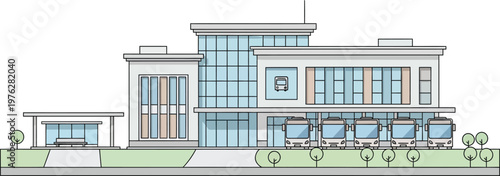 Modern Bus Station Building Vector Illustration Front View Flat Design