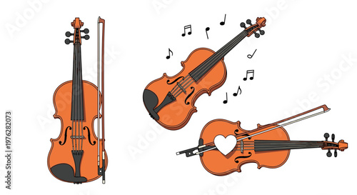 Detailed wooden violins illustrated with musical notes and a small white heart on a clean white background