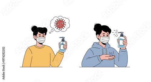 Illustration shows a masked individual contemplating virus threats before applying hand sanitizer for personal hygiene and protection.