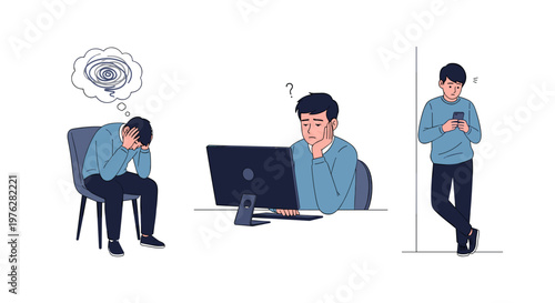 Stressed young man experiencing difficult mental challenges and confusion while working on his digital professional office tasks