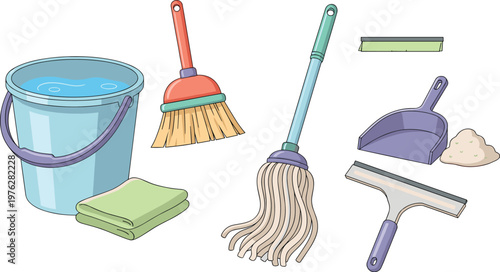 Cleaning Supplies Tools Set with Bucket Mop Broom Dustpan and Sponge Household Equipment Vector Illustration Collection
