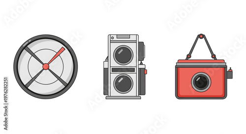 Line art illustrations of a round gauge, a classic twin-lens reflex camera, and a modern compact camera.