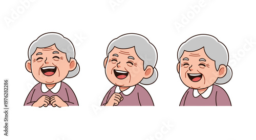 Three different cartoon expressions showing a very happy elderly grandmother with grey hair laughing with great joy
