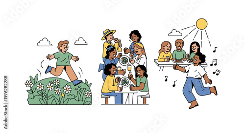 Happy diverse groups of people enjoying festive outdoor meals, running through fields, and socializing under the sun.