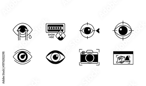 Minimal eye icons black and white duotone line bold visibility password surveillance vector illustration set isolated on white