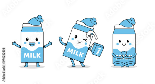 Cute blue milk carton characters wearing winter hats displayed in three different happy and fun expressive poses