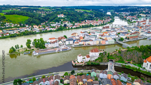 фотографія River confluence in the city of Three Rivers Passau with Danube, Inn and Ilz riv