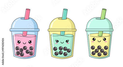 Three colorful bubble tea cups featuring cute smiling faces and tapioca pearls arranged in a simple row