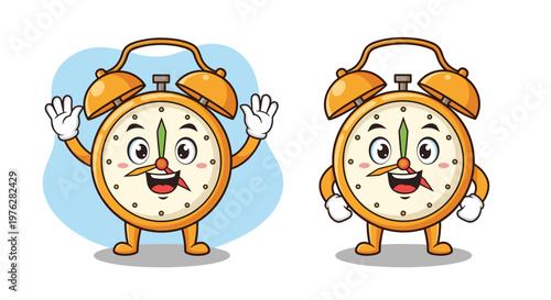 Cheerful orange cartoon alarm clock character with a happy face happily waving its hands welcoming viewers.