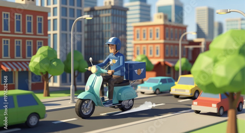 Courier Riding Blue Delivery Scooter With Large Rear Box.