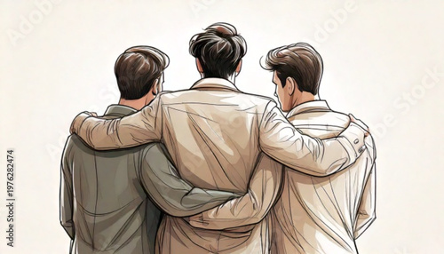 Three friends embracing each other from behind showing unity and support.