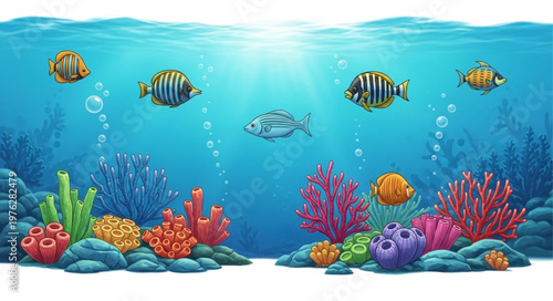 Colorful Tropical Reef Fish Swimming In Ocean Scene.
