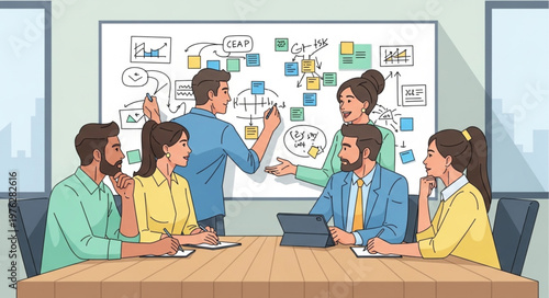 Diverse team collaborating around a conference table brainstorming.