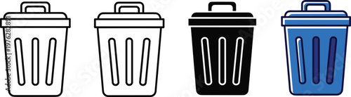 Set of trash cans, different styles, black outline, solid black, blue bin, recycling, waste disposal.