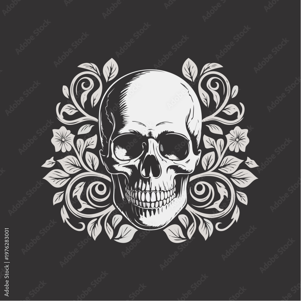 Fototapeta premium Ornate Skull with Floral Ornament Illustration.