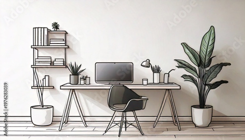 Modern Home Office Desk Setup with Computer and Plant.