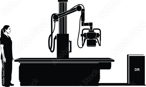 Medical imaging machine with technician silhouette, hospital radiology equipment vector illustration, healthcare diagnostic technology scene isolated on white background for professional use