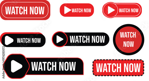 Set of watch now buttons in various styles with play icon for streaming and video content.