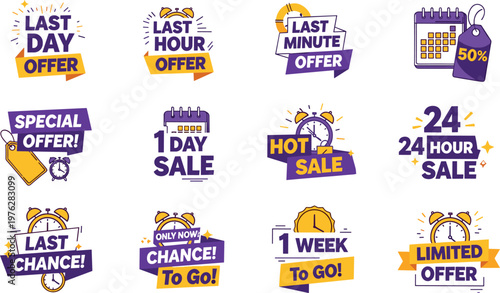 Set of various limited time offer banners with clocks and calendars, transparent background.