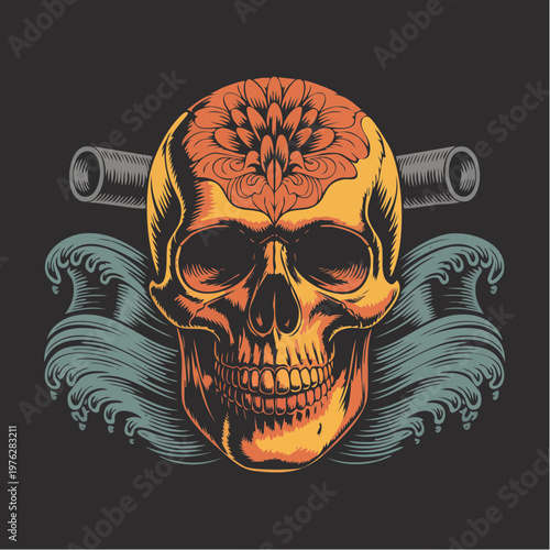 Vivid Floral Skull Illustration with Decorative Head Art.