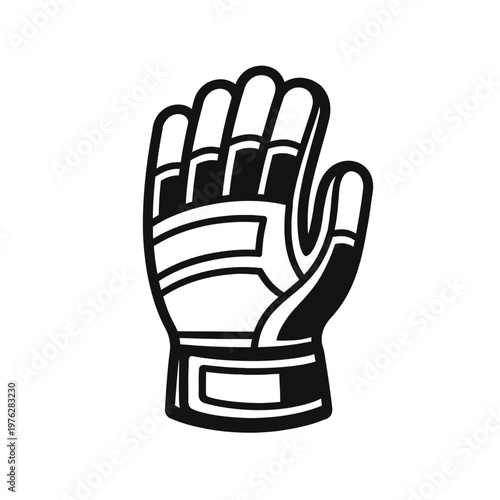 Black and white illustration of a raised hand wearing a protective glove for sports or work, emphasizing safety and gear