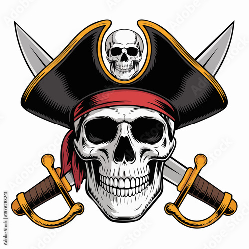 Pirate Skull Emblem Featuring Crossed Swords and Hat.