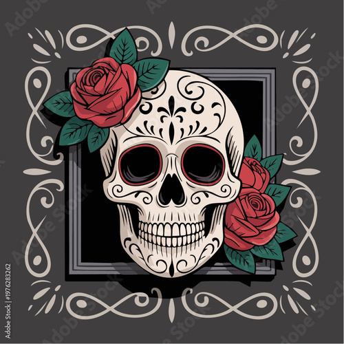 Sugar skull with roses ornate framed portrait.
