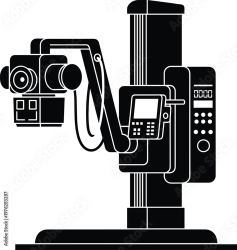 Medical X ray machine silhouette with control panel and imaging arm, hospital radiology equipment vector illustration isolated on white background for healthcare technology use