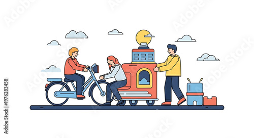 A colorful vector illustration of three people riding and pushing a bicycle with a large delivery cart filled with packages and a robot on top.