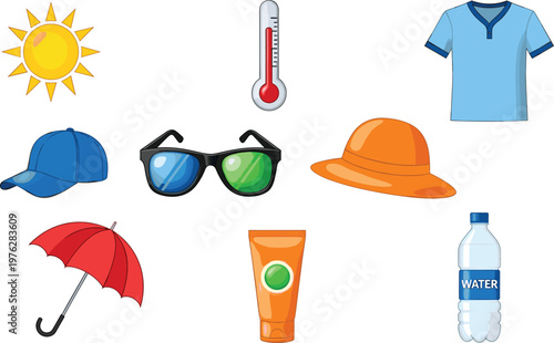 Summer vacation protection set with sun glasses hat water bottle sunscreen and red umbrella icons.