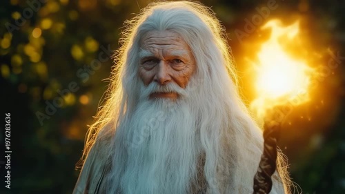 Old magician with long white hair holding a glowing staff in a mystical landscape during twilight hours