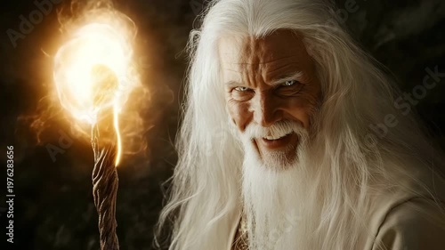 Old magician with long white hair holding a glowing staff in a mystical landscape during twilight hours