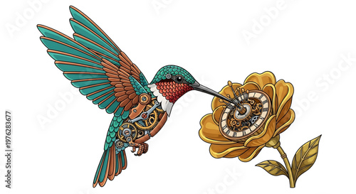 A steampunk hummingbird in flight approaching a mechanical flower