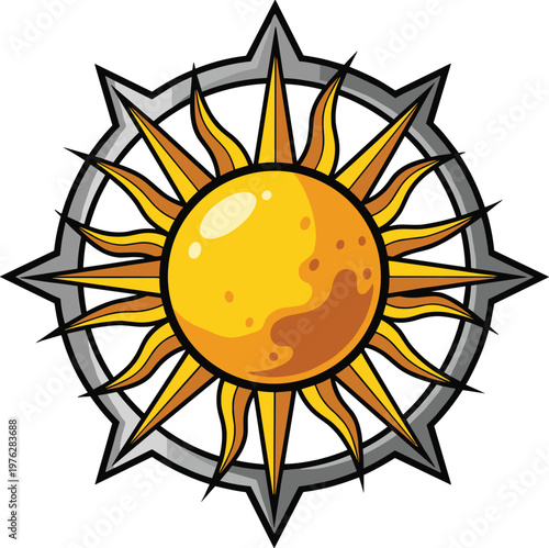 Sun with compass points vector illustration for summer, travel, and astrological concepts.