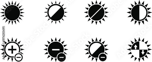 Sun brightness and contrast icons set for adjustment of light levels and display screen visibility.