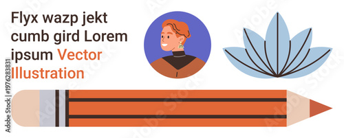 Graphic design, education, branding, digital art, content creation, creativity. Features a persons portrait, abstract flower text and pencil. Graphic design and creativity concepts