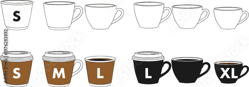 Various coffee cups sizes and types for beverages and drinks on transparent background for design.