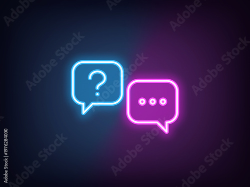 Outline neon live chat, blue magenta. Neon support chat, speech bubbles with question and answer icon. Online help service, assistance chat for client, ask question, user support. Vector