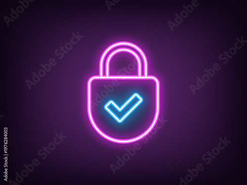 Outline neon cyber security, magenta blue. Neon digital lock with tick icon, reliable data protection. Internet security, lock with checkmark, secure information storage, safety control. Vector