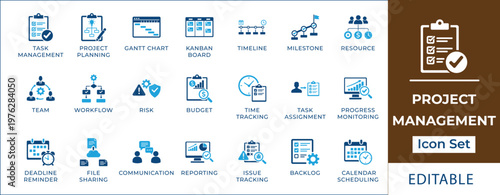 Project management icon set featuring agile workflow, Gantt chart, Kanban board, task tracking, team collaboration, business analytics, and strategic planning symbols.