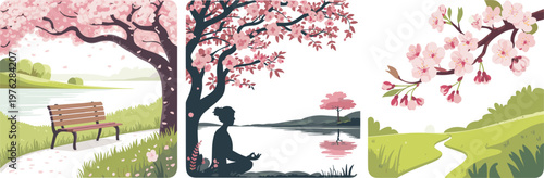 Serene park scene with blooming cherry blossoms and solitary figure on bench tree person