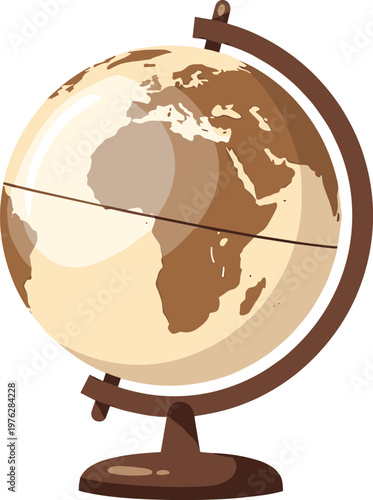 Antique globe showing continents and oceans on wooden stand and transparent background.